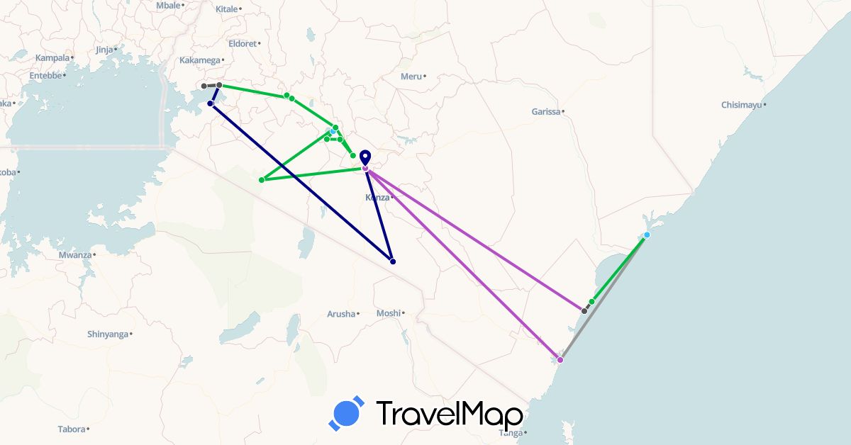 TravelMap itinerary: driving, bus, plane, train, boat, motorbike in Kenya (Africa)