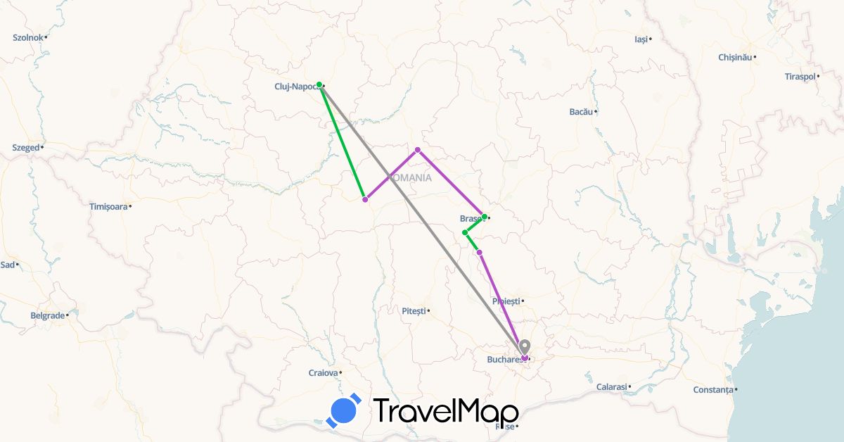 TravelMap itinerary: driving, bus, plane, train in Romania (Europe)