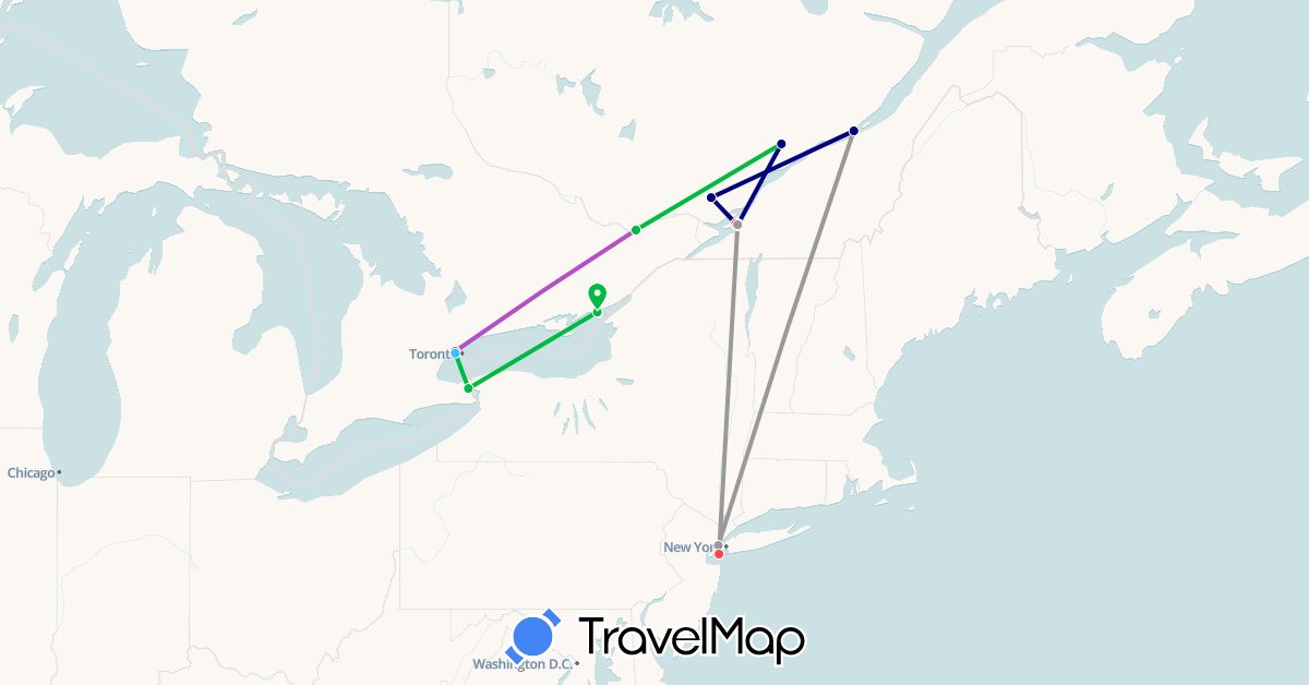 TravelMap itinerary: driving, bus, plane, train, hiking, boat in Canada, United States (North America)