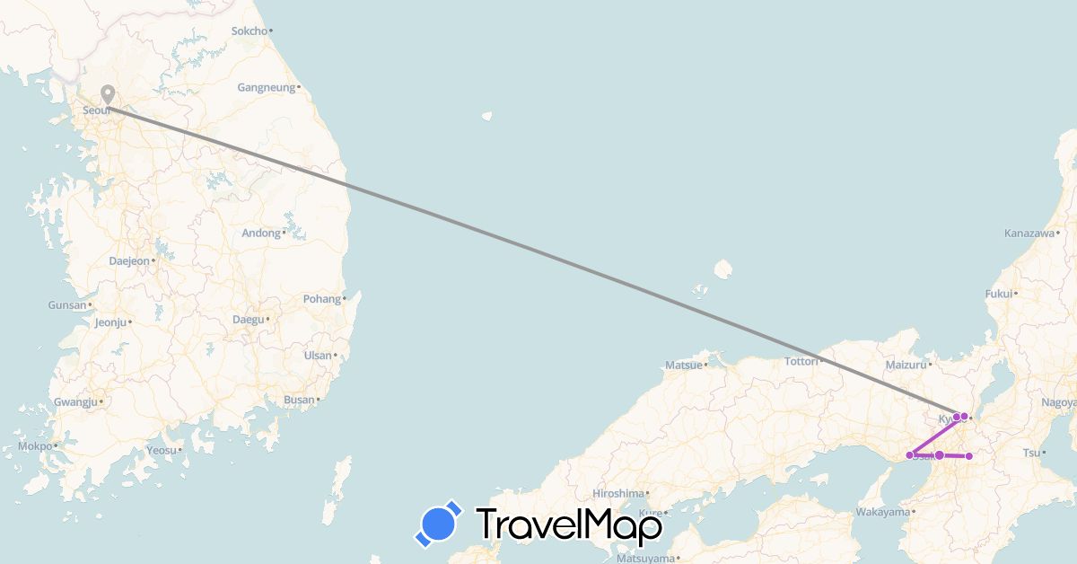 TravelMap itinerary: driving, plane, train in Japan, South Korea (Asia)