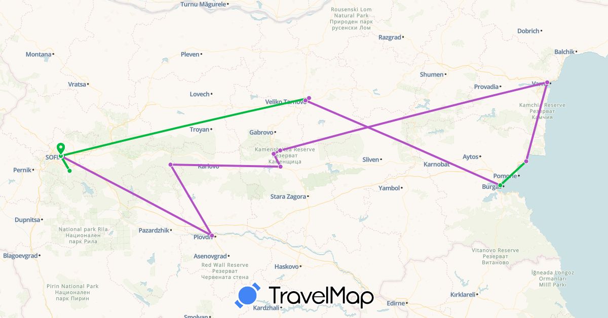 TravelMap itinerary: driving, bus, train in Bulgaria (Europe)