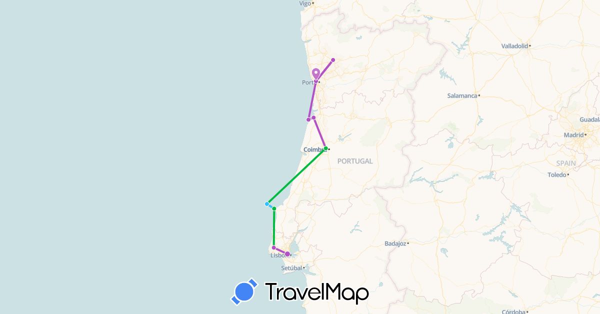 TravelMap itinerary: driving, bus, train, boat in Portugal (Europe)