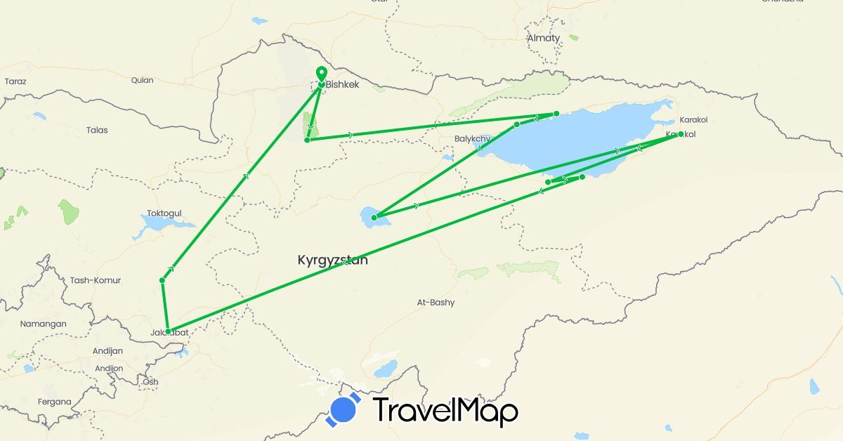 TravelMap itinerary: driving, bus in Kyrgyzstan (Asia)